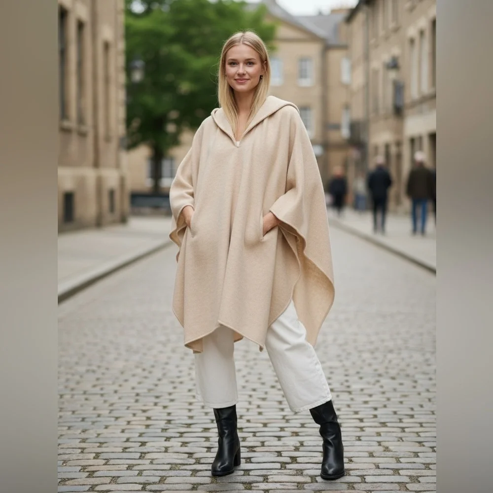 NWT ZARA Bloggers Fave Hooded Poncho Sweater Jacket Pockets Beige Medim Wool